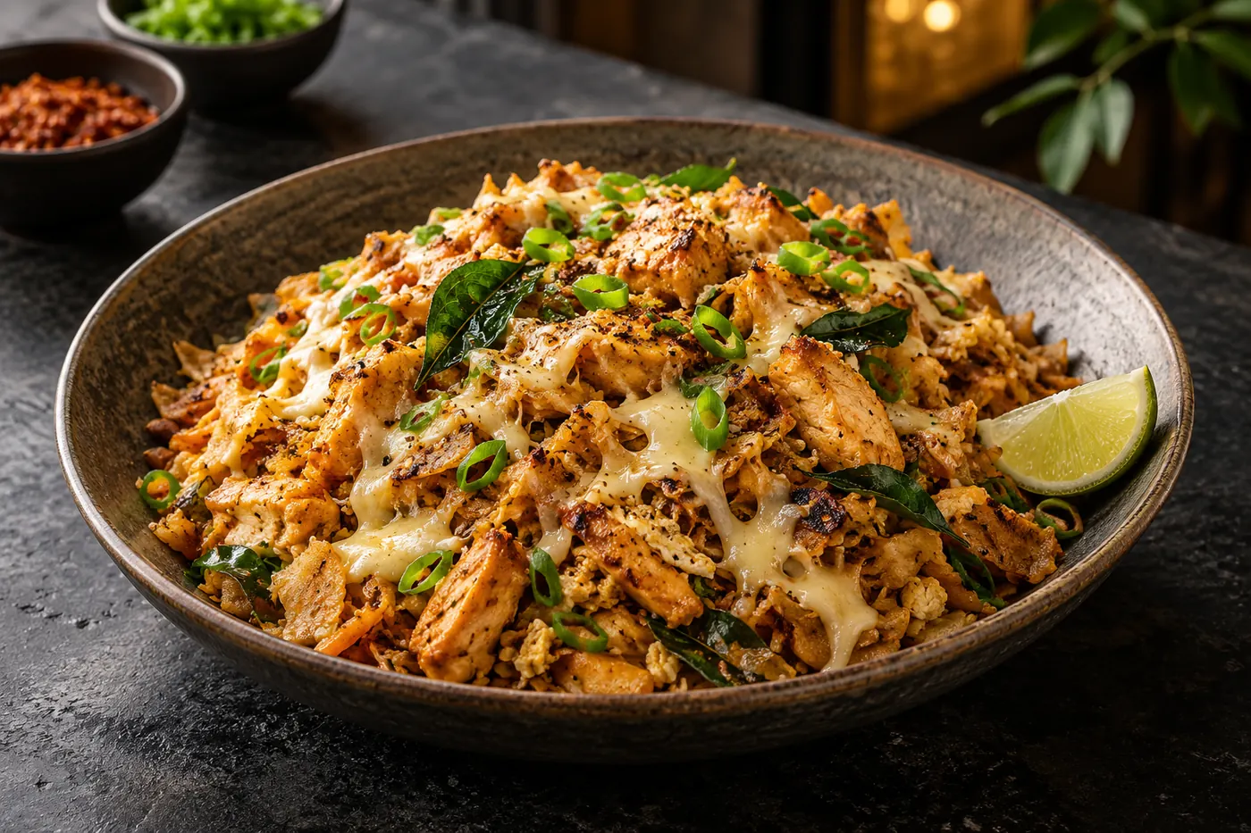 A plate of chicken kottu