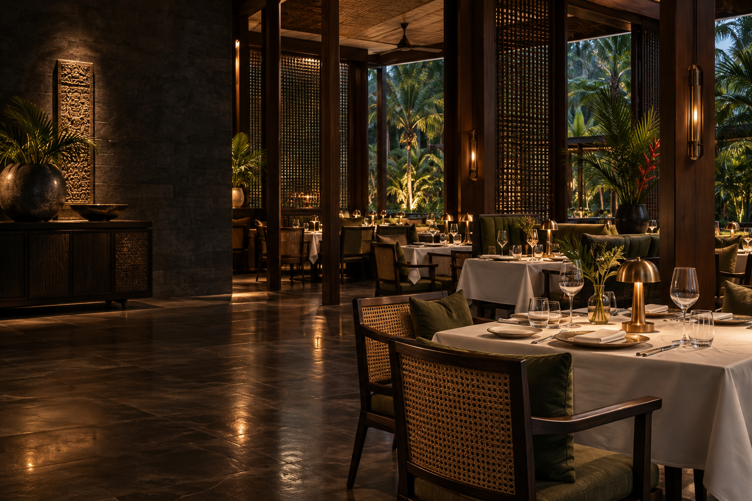 The warm dining room at Zomoto, laid for service