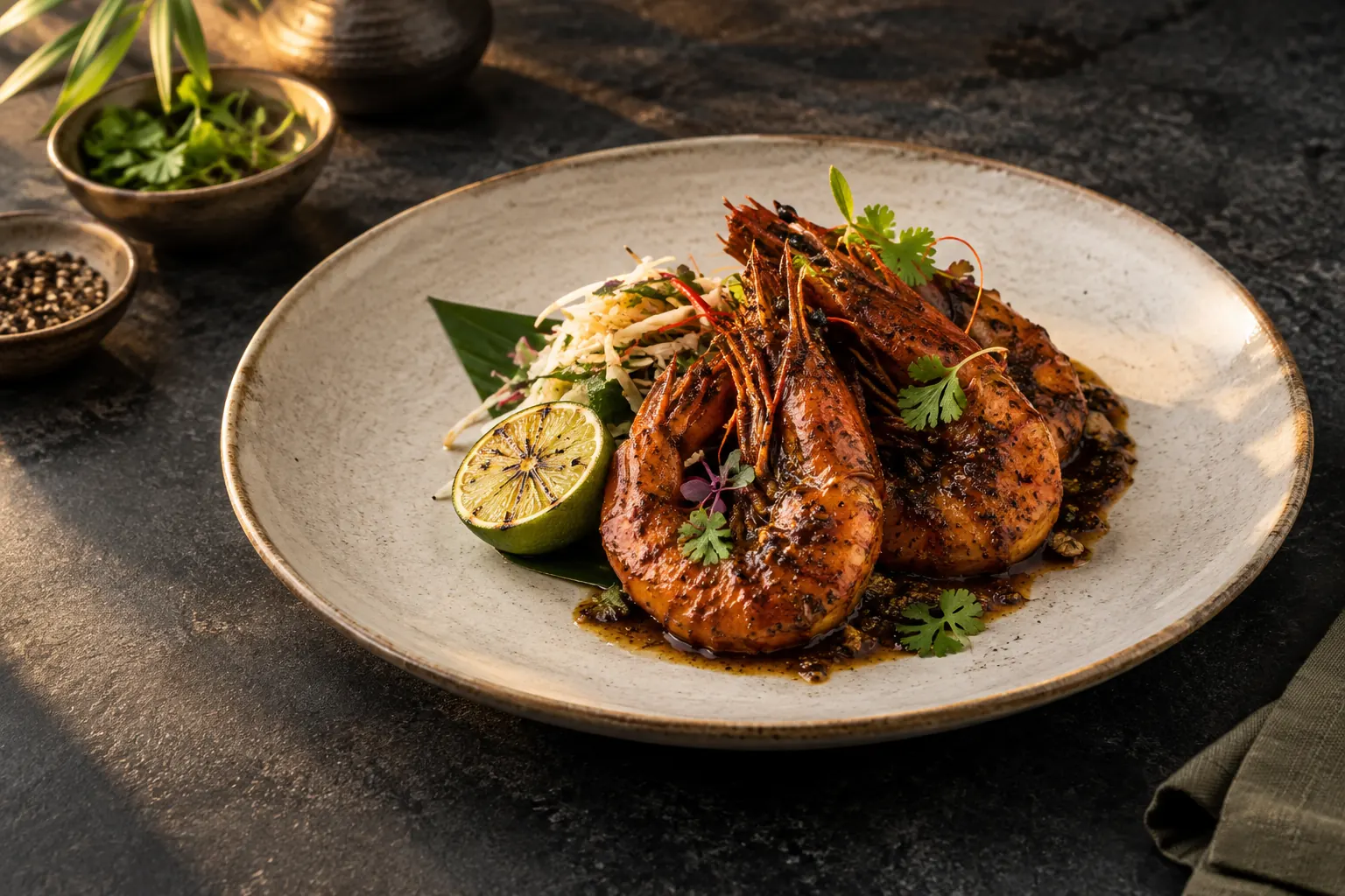 Devilled prawns, the house signature, on a dark plate